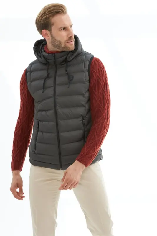 Men's Detachable Hooded Standard Fit Puffer Vest Anthracite-Anthracite - DANGER