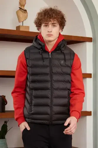 Men's Detachable Hooded Standard Fit Puffer Vest Black-Black - 1