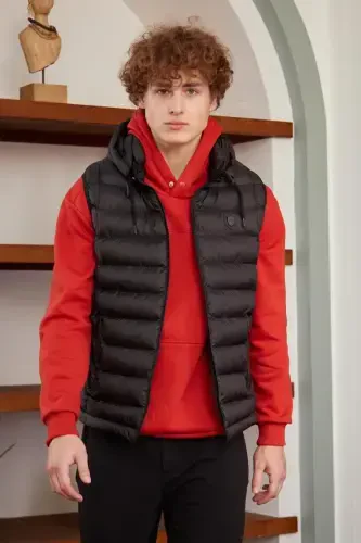 Men's Detachable Hooded Standard Fit Puffer Vest Black-Black - DANGER (1)