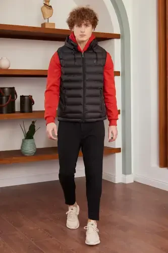 Men's Detachable Hooded Standard Fit Puffer Vest Black-Black - 4