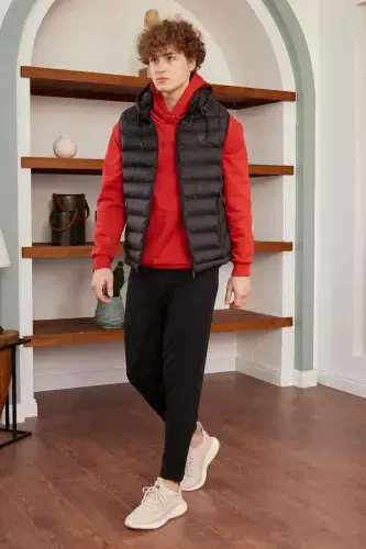 Men's Detachable Hooded Standard Fit Puffer Vest Black-Black - 6