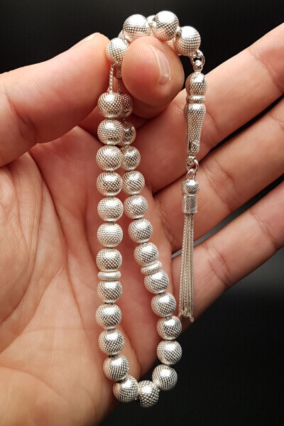Men's Dot Embossed Spheroidal Section 26 g 925 Sterling Silver Tasbih - OTTOTESBİH (1)