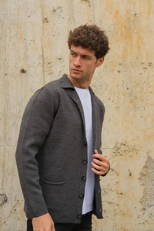 Men's Double Breasted Buttoned Pocket Knit Cardigan Anthracite 23w220 - 2