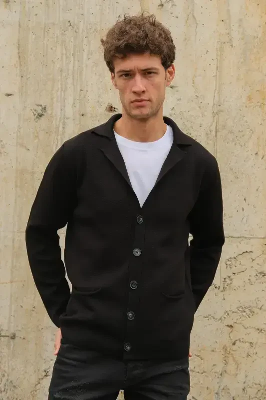 Men's Double Breasted Buttoned Pocketed Knit Cardigan Black 23w220-Black - CHUBA