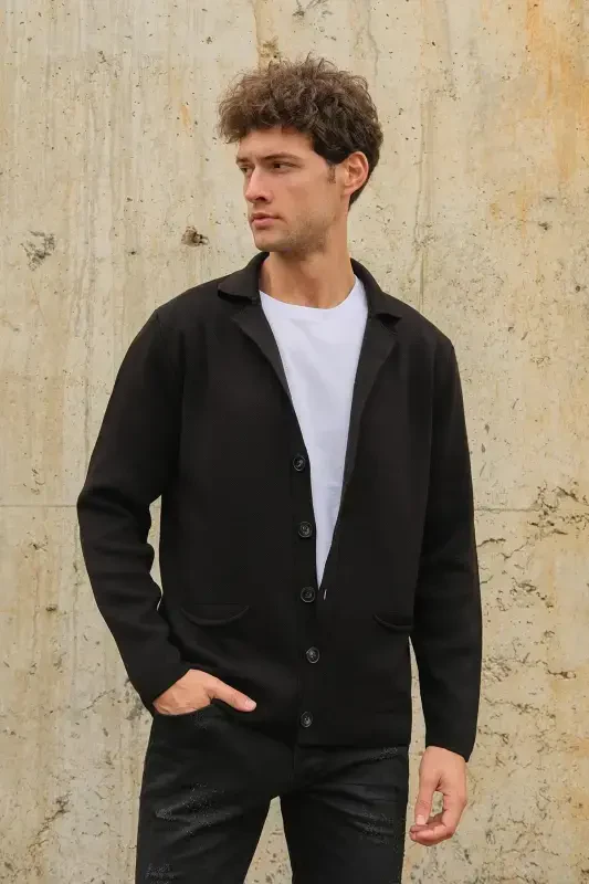 Men's Double Breasted Buttoned Pocketed Knit Cardigan Black 23w220-Black - 2