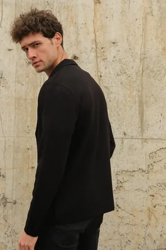 Men's Double Breasted Buttoned Pocketed Knit Cardigan Black 23w220-Black - 3