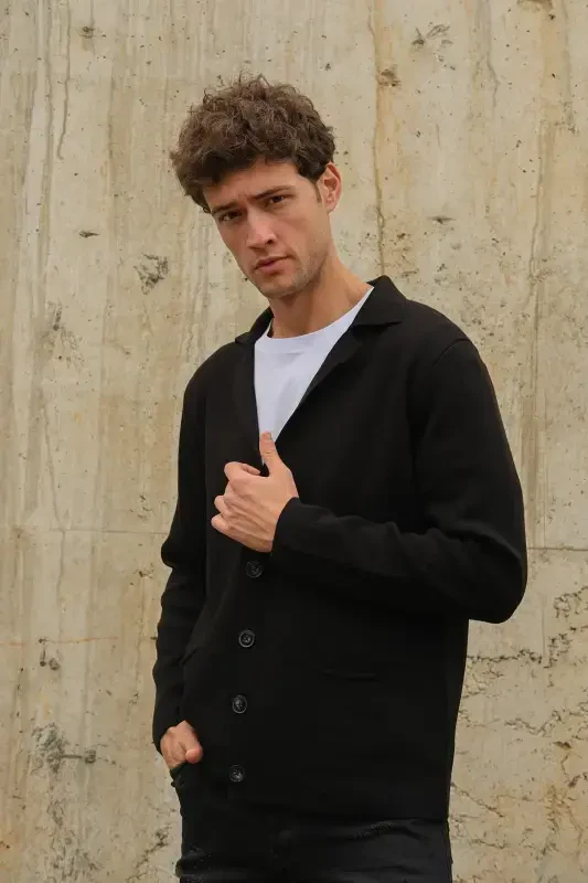 Men's Double Breasted Buttoned Pocketed Knit Cardigan Black 23w220-Black - 4