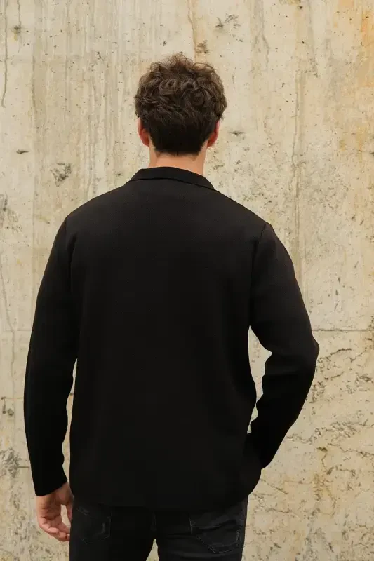 Men's Double Breasted Buttoned Pocketed Knit Cardigan Black 23w220-Black - 5