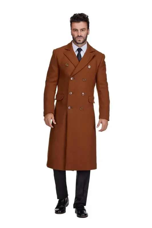Men's Double-Breasted Knee Length Wool Blend Three Button Long Overcoat Top Coat - 1
