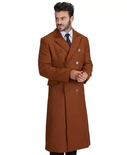 Men's Double-Breasted Knee Length Wool Blend Three Button Long Overcoat Top Coat - 3