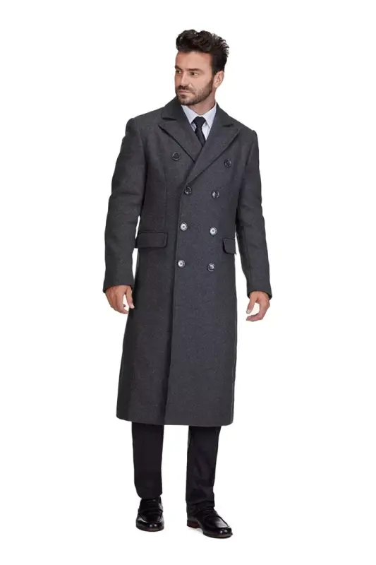 Men's Double-Breasted Knee Length Wool Blend Three Button Long Overcoat Top Coat - BRAVEMAN