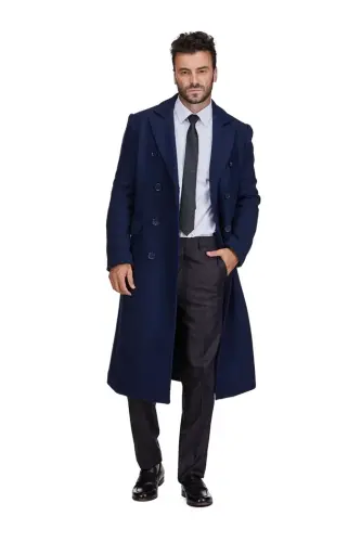 Men's Double-Breasted Knee Length Wool Blend Three Button Long Overcoat Top Coat - 2
