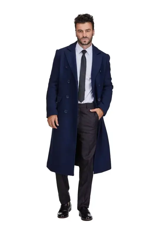 Men's Double-Breasted Knee Length Wool Blend Three Button Long Overcoat Top Coat - 2