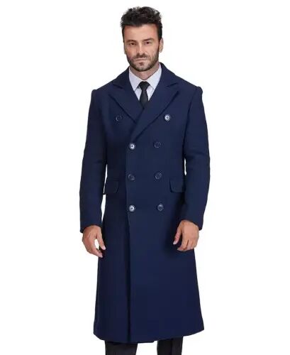 Men's Double-Breasted Knee Length Wool Blend Three Button Long Overcoat Top Coat - Navy - 3
