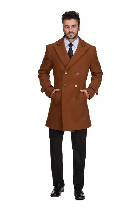 Men's Double Breasted Pea Coat Wool Blend Dress Peacoat - Caramel - 2