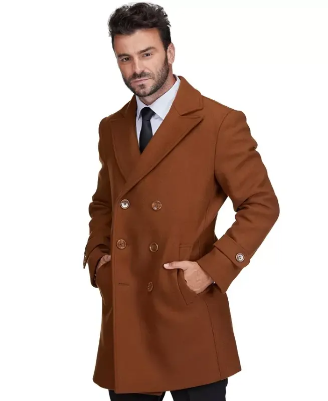 Men's Double Breasted Pea Coat Wool Blend Dress Peacoat - Caramel - 4