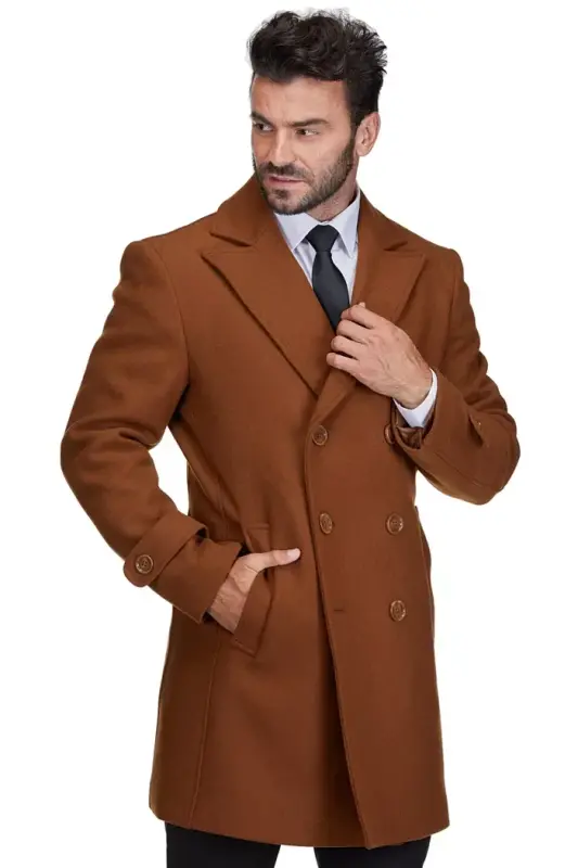Men's Double Breasted Pea Coat Wool Blend Dress Peacoat - Caramel - 1