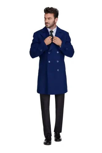 Men's Double Breasted Pea Coat Wool Blend Dress Peacoat - Indigo - BRAVEMAN (1)