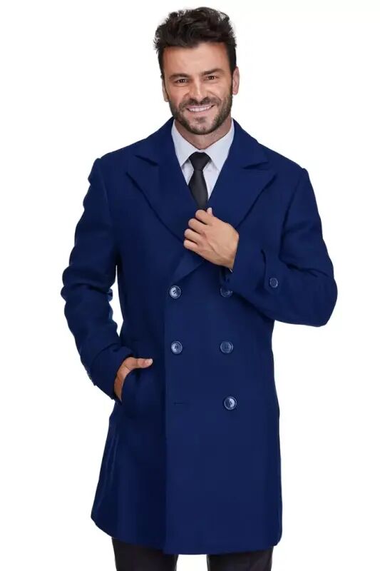 Men's Double Breasted Pea Coat Wool Blend Dress Peacoat - Indigo - Braveman