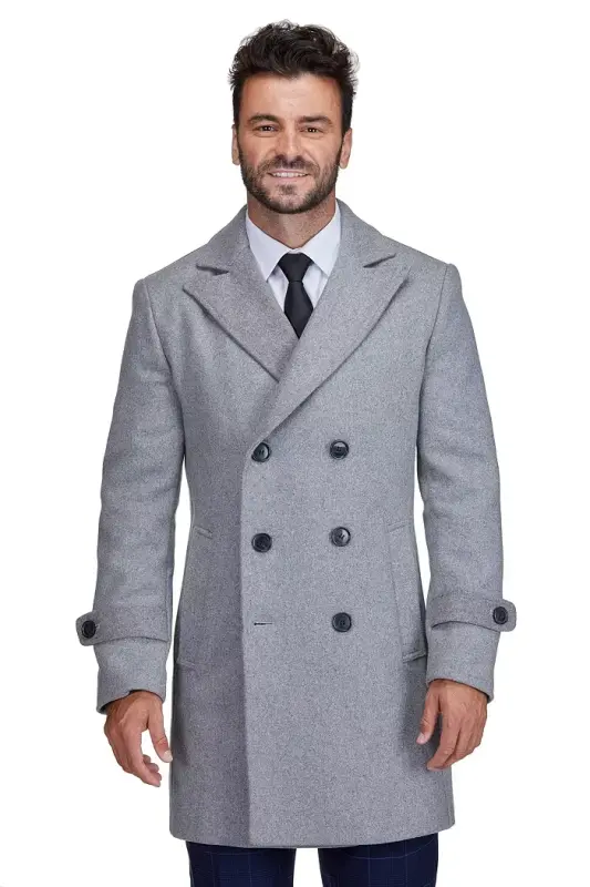 Men's Double Breasted Pea Coat Wool Blend Dress Peacoat - Light grey - 1