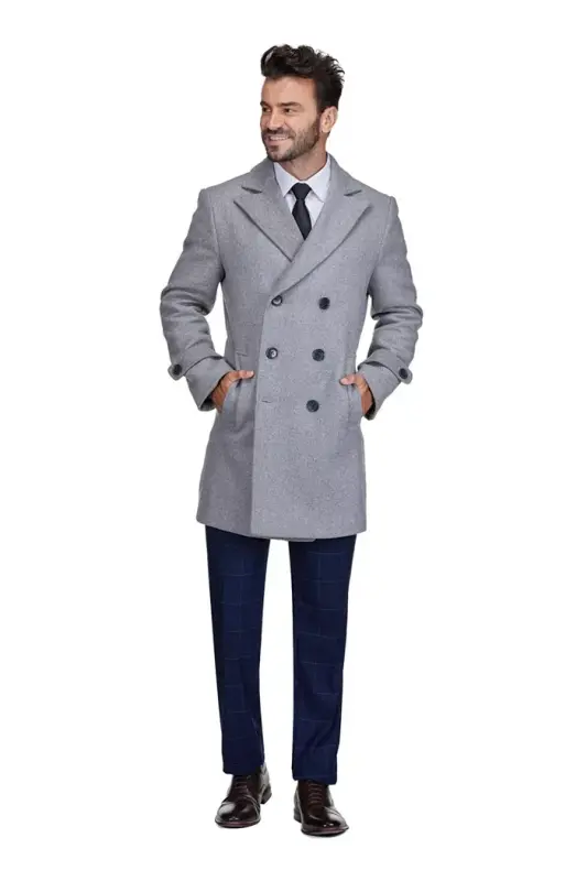 Men's Double Breasted Pea Coat Wool Blend Dress Peacoat - Light grey - 2