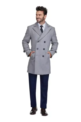 Men's Double Breasted Pea Coat Wool Blend Dress Peacoat - Light grey - BRAVEMAN (1)