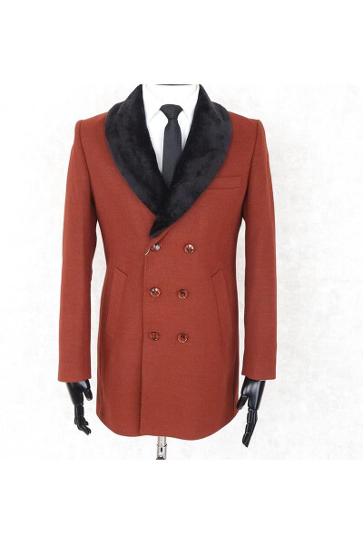 Men's Double-Breasted Slim Fit Cream Removable Fur Collar Detailed Wool Coat - 13