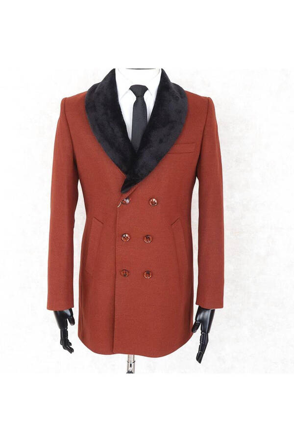 Men's Double-Breasted Slim Fit Cream Removable Fur Collar Detailed Wool Coat - 13