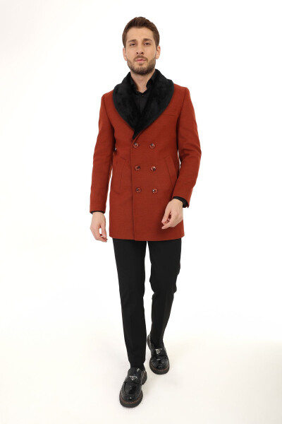 Men's Double-Breasted Slim Fit Cream Removable Fur Collar Detailed Wool Coat - 5