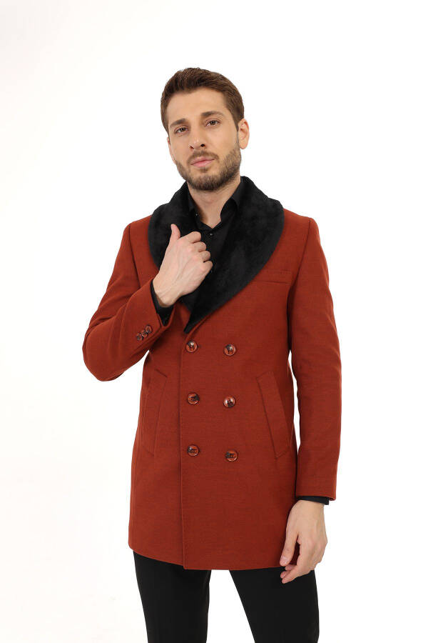 Men's Double-Breasted Slim Fit Cream Removable Fur Collar Detailed Wool Coat - 6