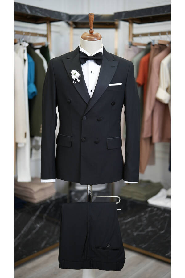 Men's Double-Breasted Tuxedo Groom Suit Swallow Collar Italian Cut Slim Fit Jacket Pants Bow Tie - Black - 1