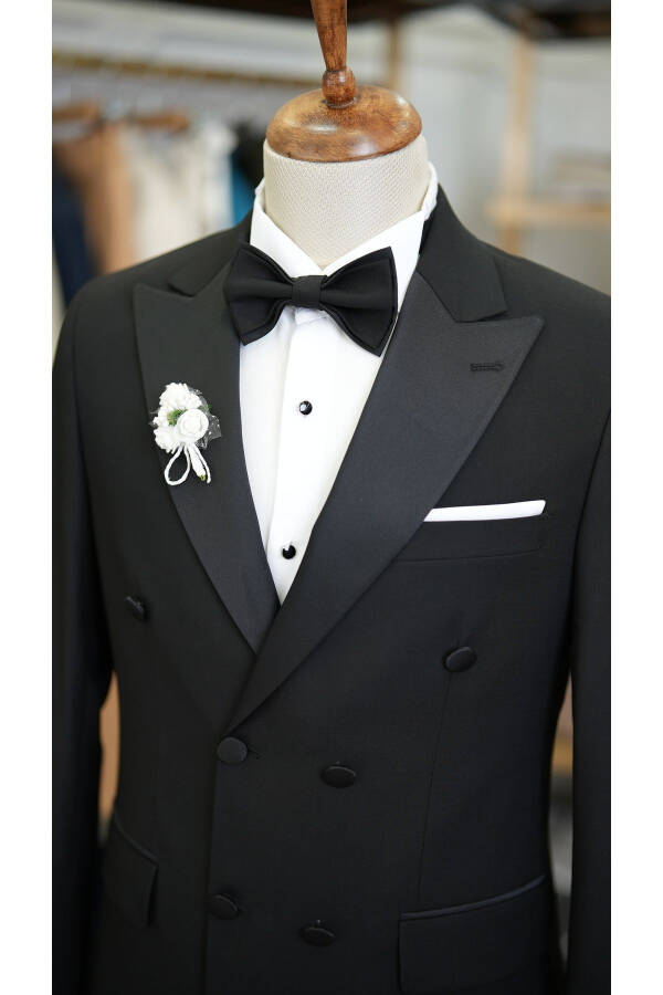 Men's Double-Breasted Tuxedo Groom Suit Swallow Collar Italian Cut Slim Fit Jacket Pants Bow Tie - Black - 2