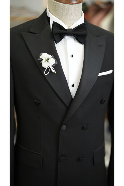 Men's Double-Breasted Tuxedo Groom Suit Swallow Collar Italian Cut Slim Fit Jacket Pants Bow Tie - Black - 3