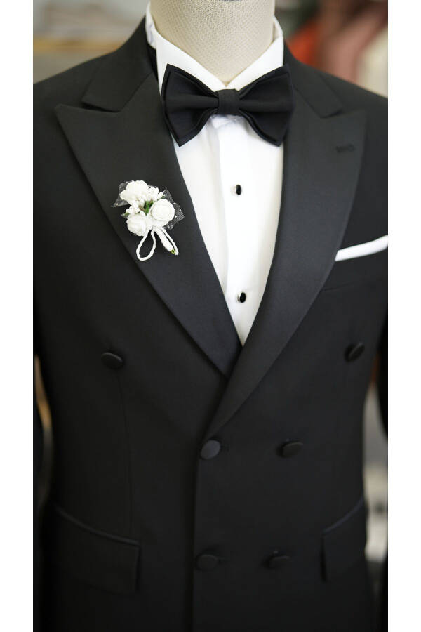 Men's Double-Breasted Tuxedo Groom Suit Swallow Collar Italian Cut Slim Fit Jacket Pants Bow Tie - Black - 4