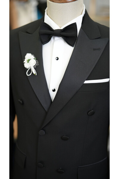 Men's Double-Breasted Tuxedo Groom Suit Swallow Collar Italian Cut Slim Fit Jacket Pants Bow Tie - Black - 6