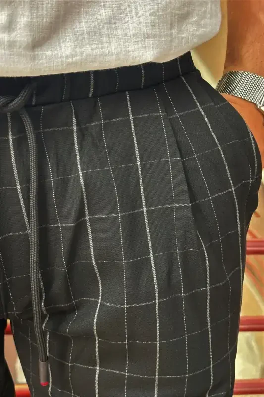 Men's Drawstring Plaid Elastic Fabric Pleated Detail Jogger Pants 24INP199K - 3