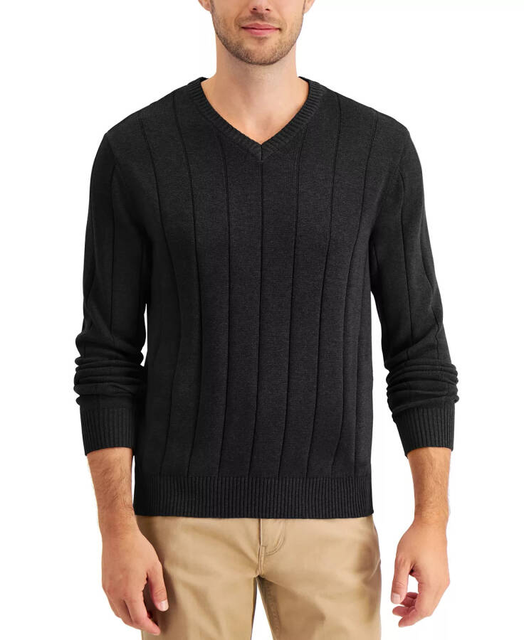 Men's Drop-Needle V-Neck Cotton Sweater, Created for Modazone Deep Black - 1