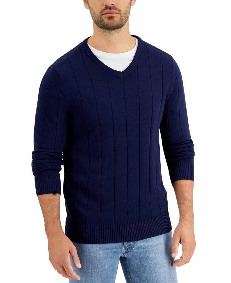 Men's Drop-Needle V-Neck Cotton Sweater, Created for Modazone Navy Blue - 1