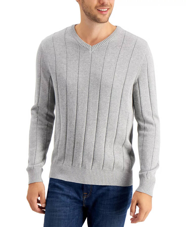 Men's Drop-Needle V-Neck Cotton Sweater, Created for Modazone - Soft Grey Heather - 1