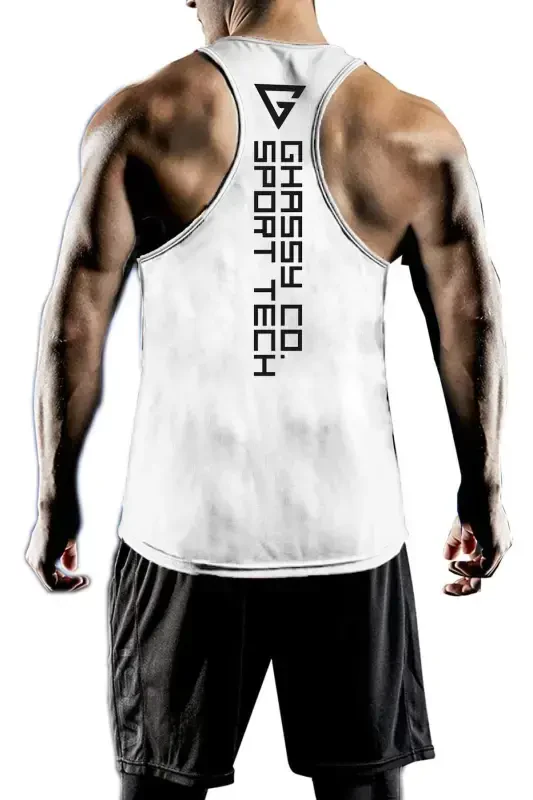 Men's Dry Fit Y-back Gym Fitness Athlete Tank Top Gym-101-WHITE - GHASSY CO