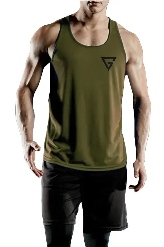 Men's Dry Fit Y-back Gym Fitness Workout Tank Top Gym-101-KHAKI - 2