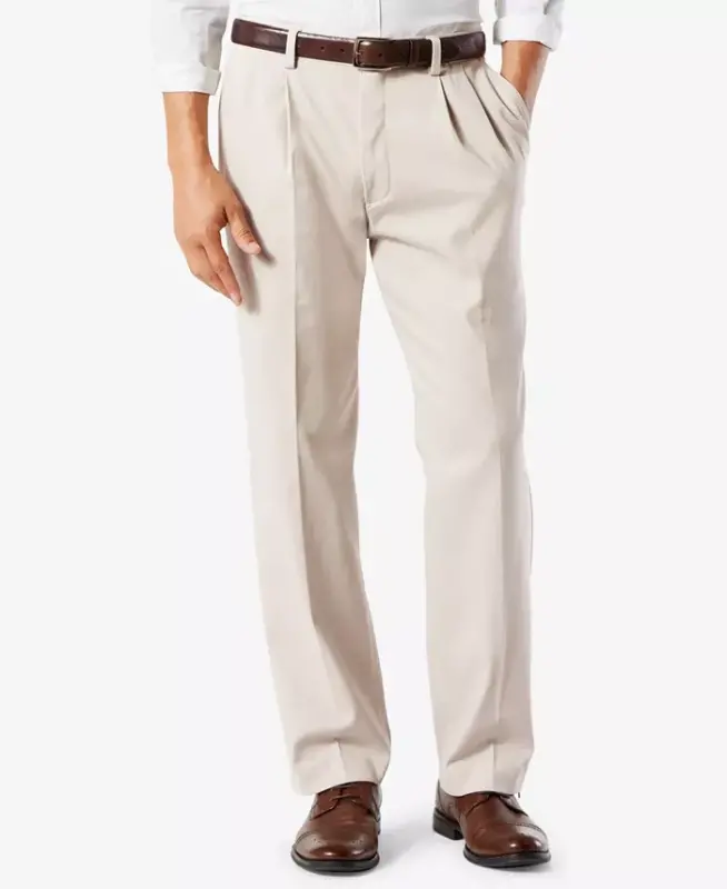 Men's Easy Classic Pleated Fit Khaki Stretch Pants - 1