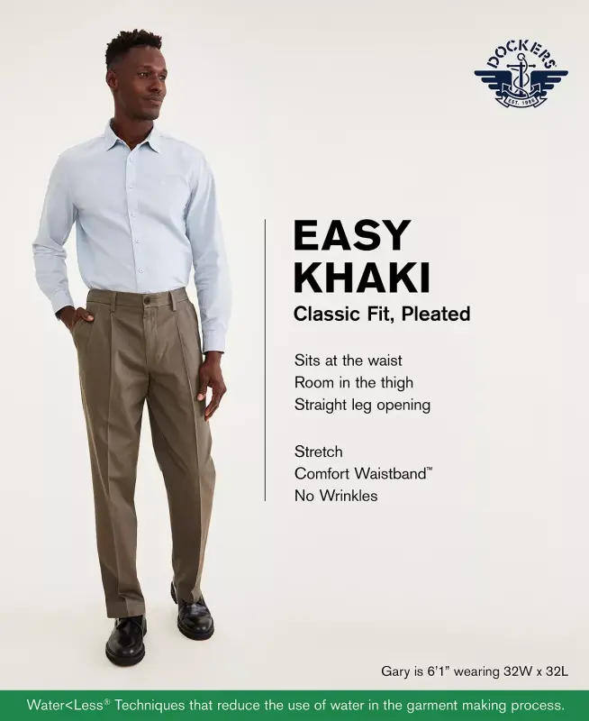 Men's Easy Classic Pleated Fit Khaki Stretch Pants - 1