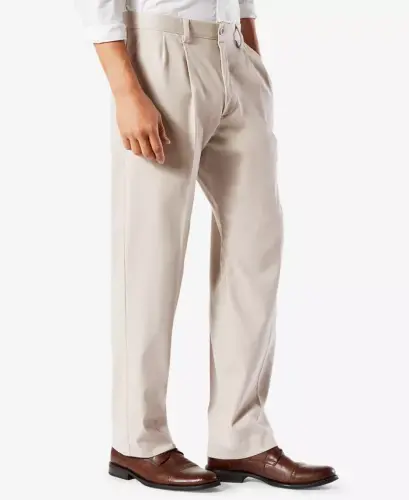 Men's Easy Classic Pleated Fit Khaki Stretch Pants - 3
