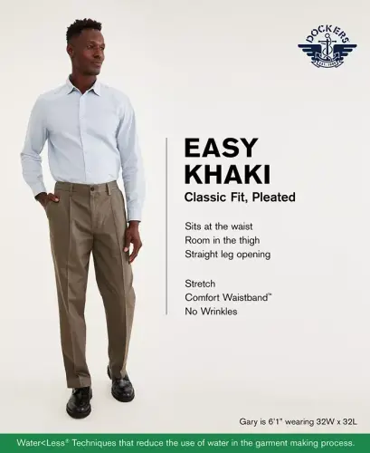 Men's Easy Classic Pleated Fit Khaki Stretch Pants - Burma Grey - 10