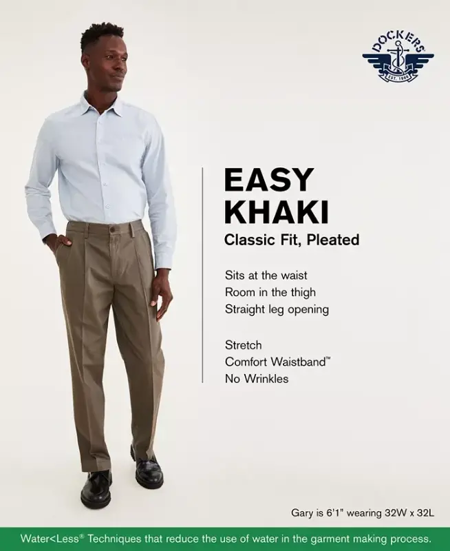 Men's Easy Classic Pleated Fit Khaki Stretch Pants - Burma Grey - 10