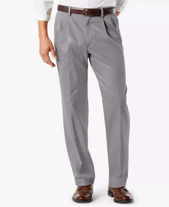Men's Easy Classic Pleated Fit Khaki Stretch Pants - Burma Grey - DOCKERS