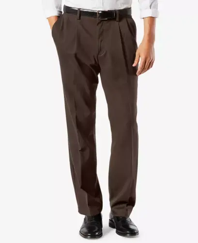 Men's Easy Classic Pleated Fit Khaki Stretch Pants-Coffee Bean 