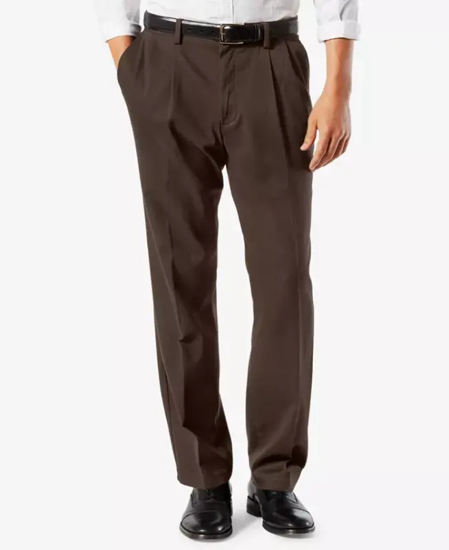 Men's Easy Classic Pleated Fit Khaki Stretch Pants-Coffee Bean - 1