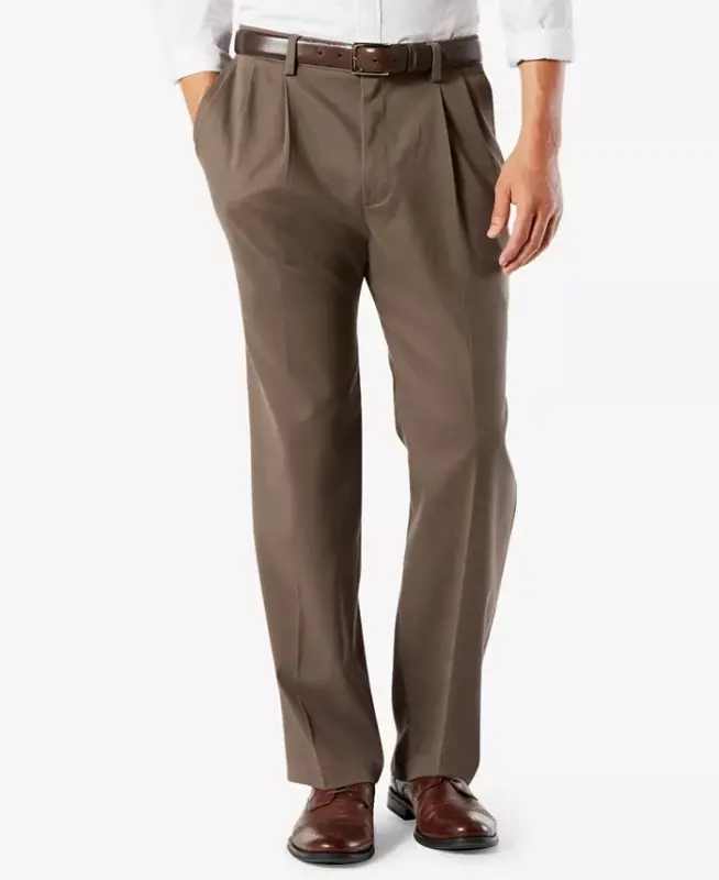 Men's Easy Classic Pleated Fit Khaki Stretch Pants-Dark Pebble - 1